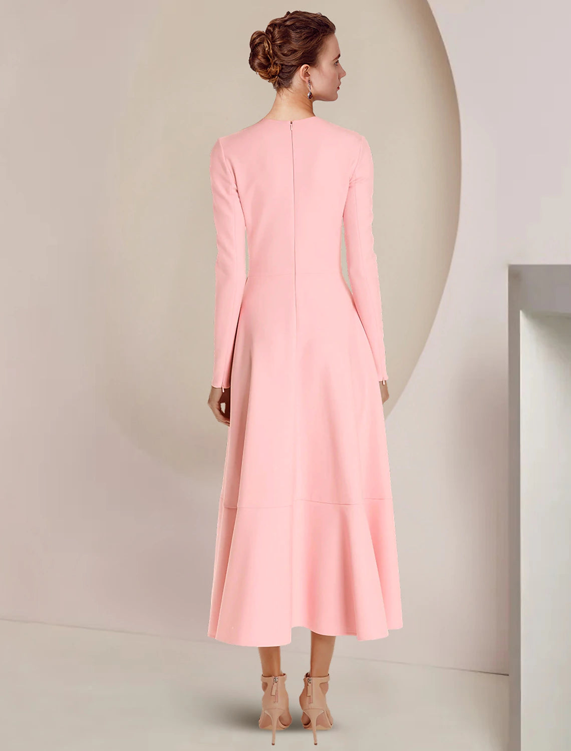 Wholesale  A-Line Mother of the Bride Dress Formal Wedding Guest Elegant High Low Scoop Neck Asymmetrical Ankle Length Stretch Fabric Long Sleeve with Ruffles